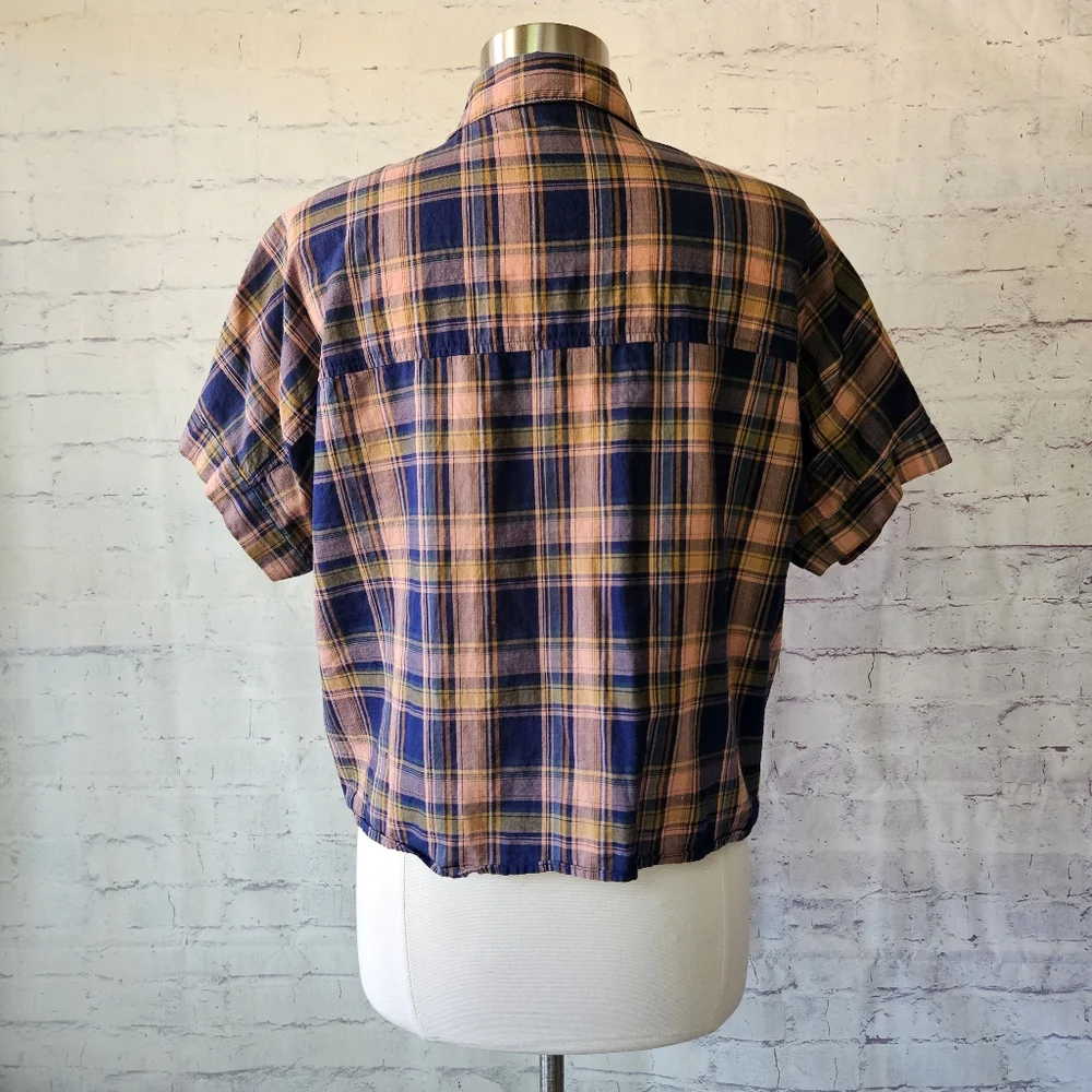 Madewell Plaid Tie Hem Button Front Short Sleeve Shirt Navy Blue Peach Medium - Picture 5 of 12